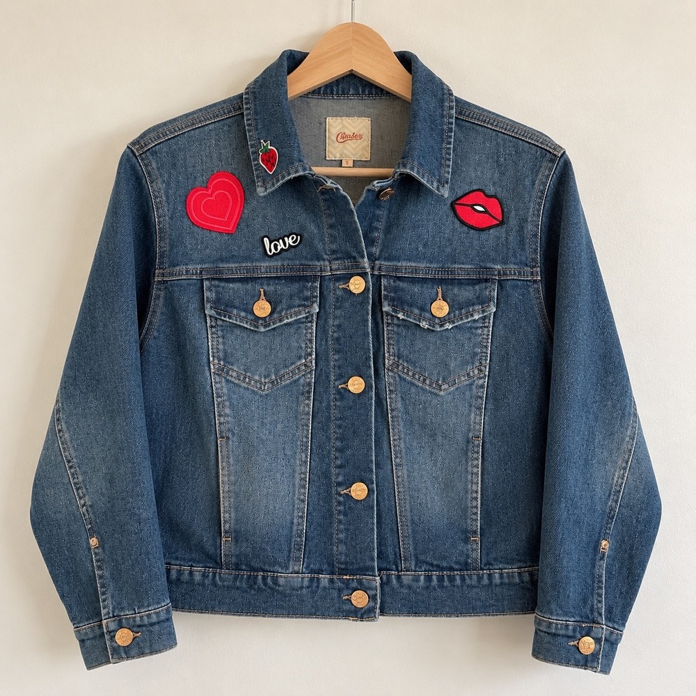 Candies Womens Medium Wash Denim Trucker Jacket Patches Heart Lips Love Small